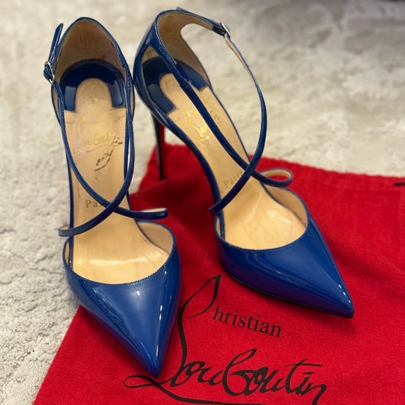 Christian Louboutin | Electric Blue Patent Leather Criss Cross Blake 100 Pumps - Picture 16 of 17